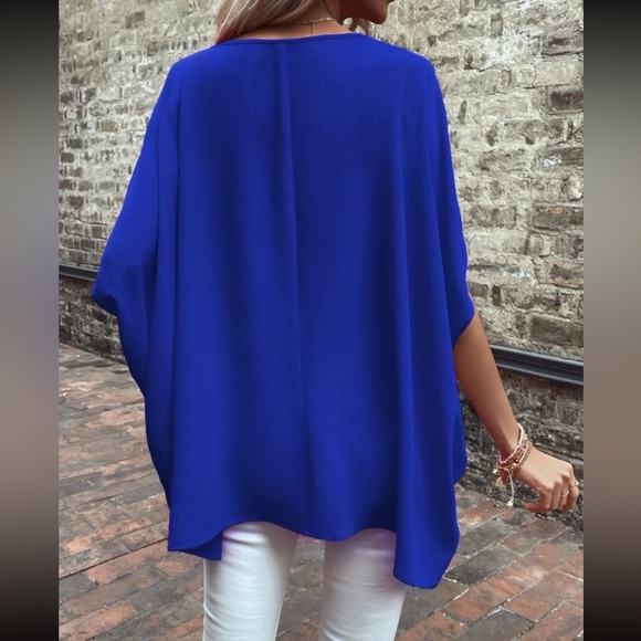 Boho blue V neck batwing sleeve blouse - Picture 3 of 5